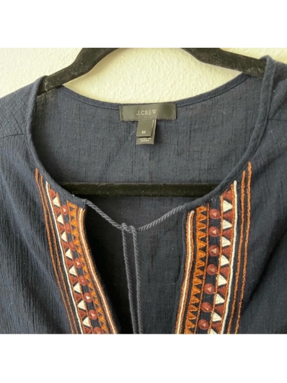 J. Crew Swim Coverup Medium Navy Blue Gauzy Cotton Embroidered Pullover Tassel